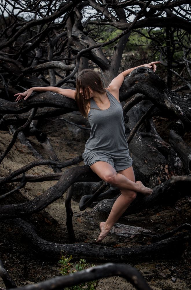 Woman posing on twigs of dry trees