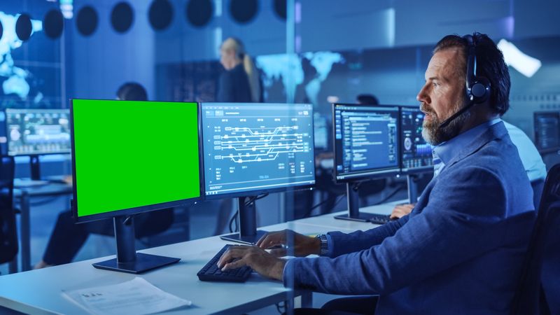Bearded Technician Monitors Data on Multiple Screens in Futuristic Blue-lit Control Room.
