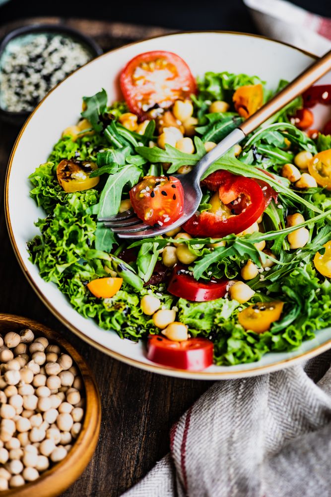Close up of organic vegetable salad with garbanzo beans and tomatoes