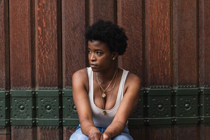 Sad Black woman with Afro hairstyle looking away