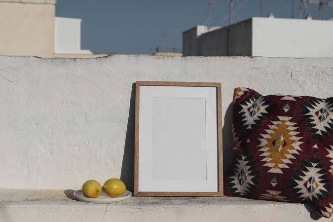 Blank vertical wooden frame picture mock up with fresh lemon fruit