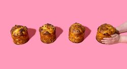 Panettone in bright light on a pink table