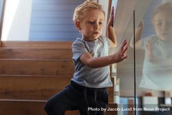 Little boy walking down stairs and looking through a glass wall 5rO1M4