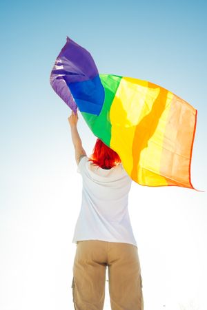 Back view of a person holding rainbow flag under blue sky