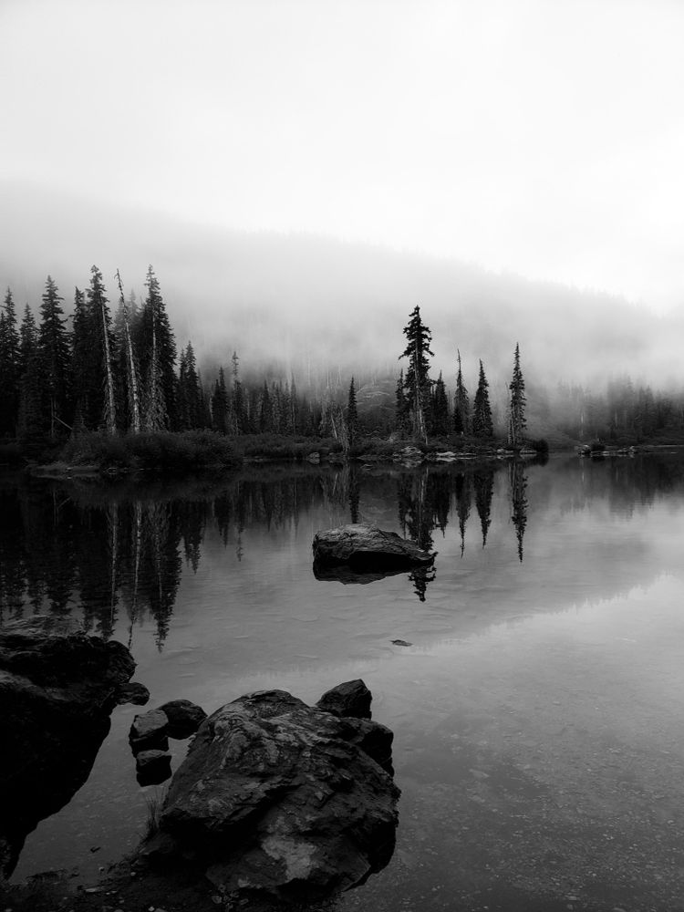 Grayscale photo of lake surrounded by trees in Snoqualmie Pass, Washington, United States