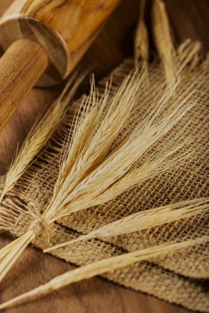 Ears of wheat on wooden background.