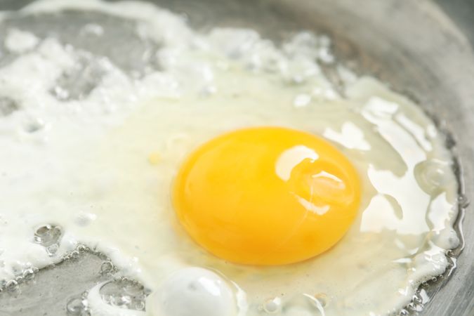 Top view of fried egg, sunny side up in pan