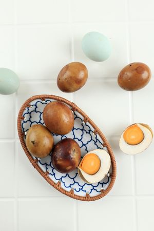 Top View Salted Egg or Telur Asin, Duck Eggs Marinated with Salt