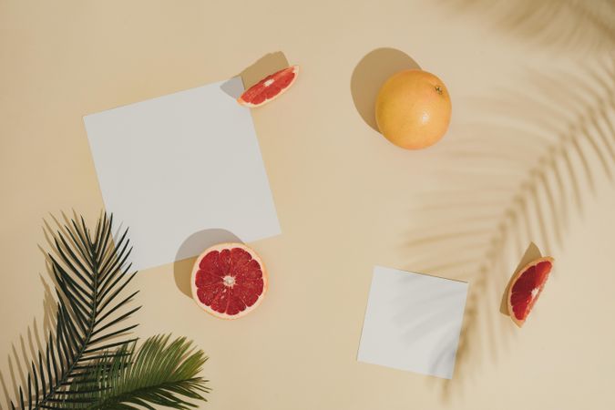 Minimal sunlit fruit and leaves composition with sand color background and sharp shadows