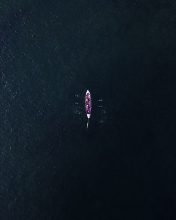 Aerial view of people paddling row boat in sea