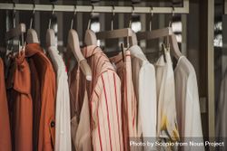 Pink and brown and light shirts on a clothing rack in fashion store 5rKRn4