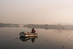 Back view of a man on a boat in a river in India 4dg2Q5