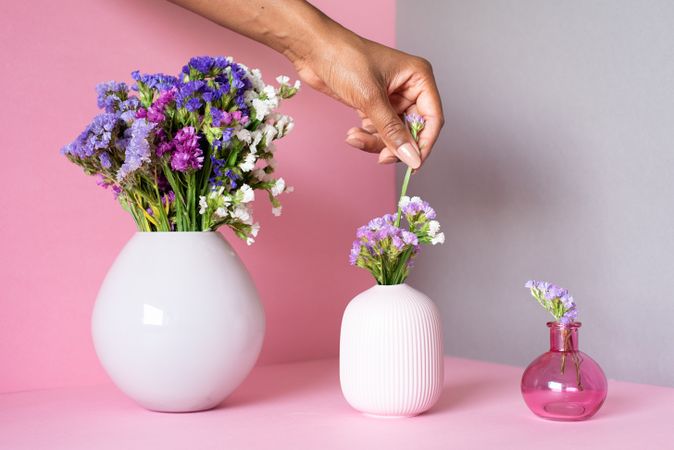 Hand fixing a bouquet of sea lavender flowers