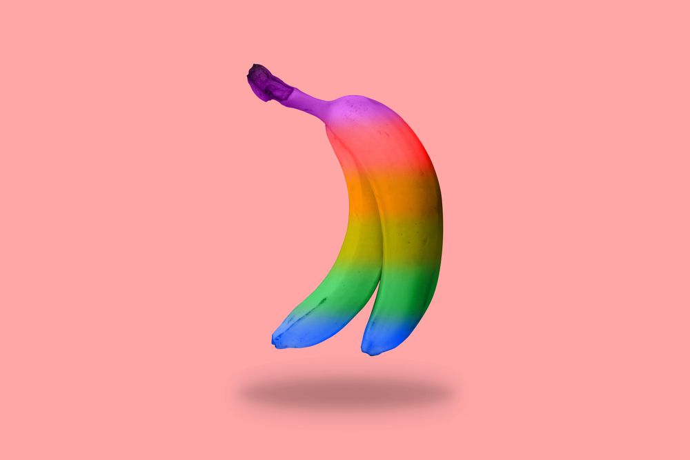 Two suspended multicolored bananas