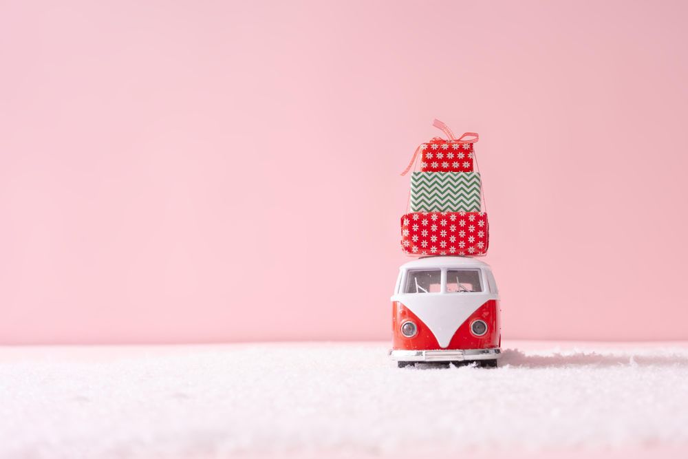 Vintage van with Christmas presents