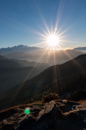 Mountain range under sun rays in Chopta, Uttarakhand, India
