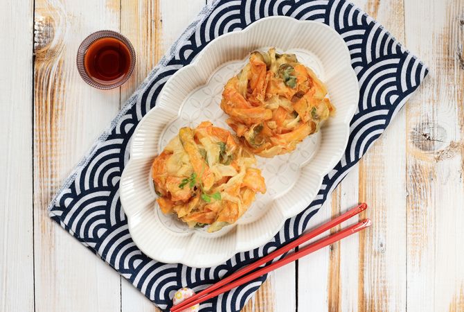 Top view of plate of kakiage vegetable tempura