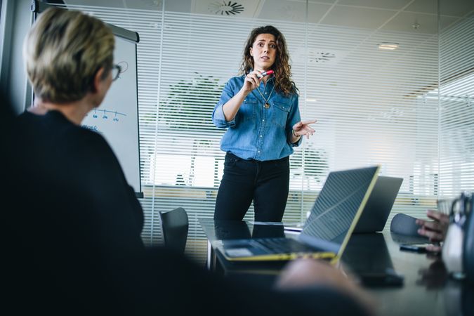 Professional woman explaining plans to colleagues in conference room
