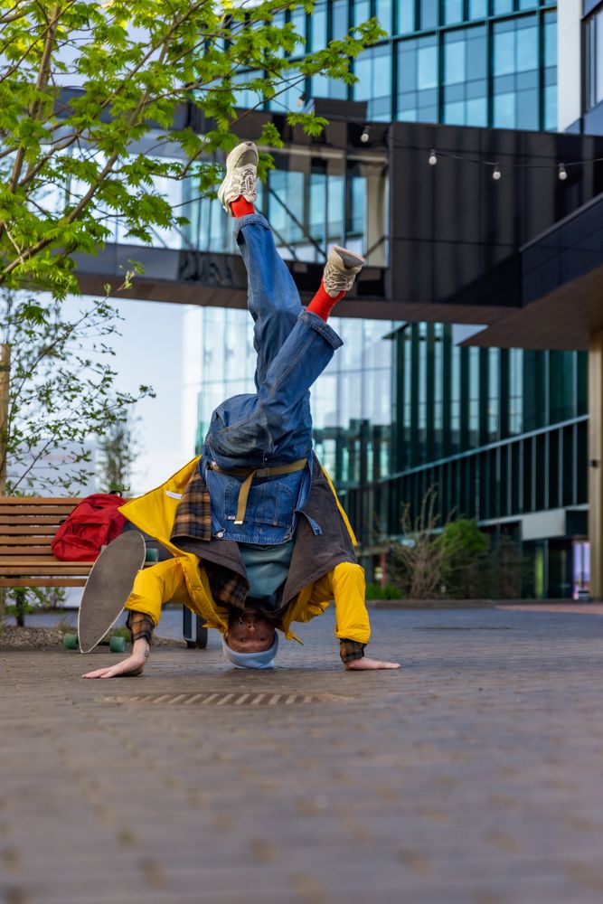 Fashionable Man Practicing Choreography For Break Dance Battle.
