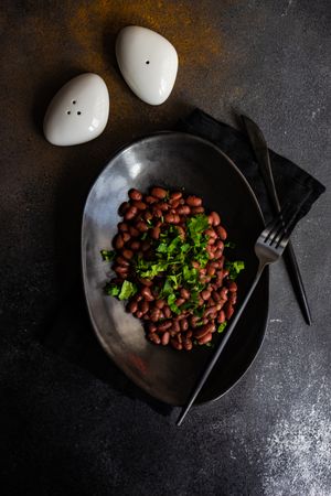 Traditional Georgian lobio dish in elegant modern dark bowl