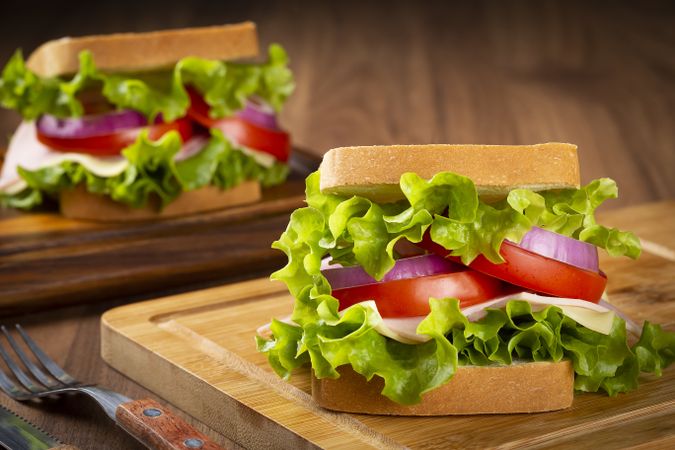 Natural sandwich. Sandwich with cheese, ham, lettuce, tomato and red onion.