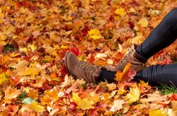 Woman's brown boots in autumn leaves