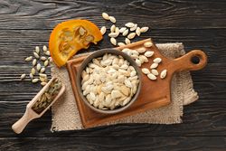 Concept of Autumn vibe food, Pumpkin, Pumpkin seeds