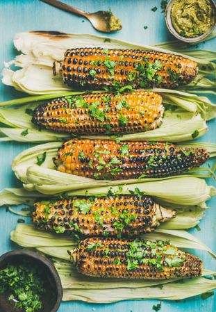 Barbecued corn seasoned with chopped cilantro