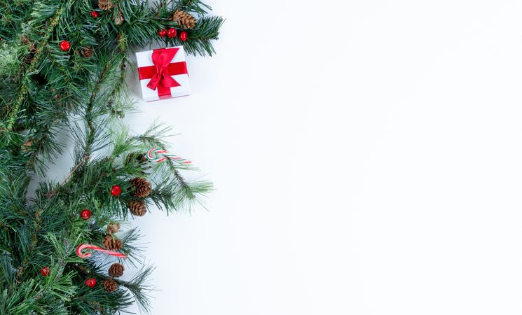 Christmas tree branches and decorations on left side of solid plain background