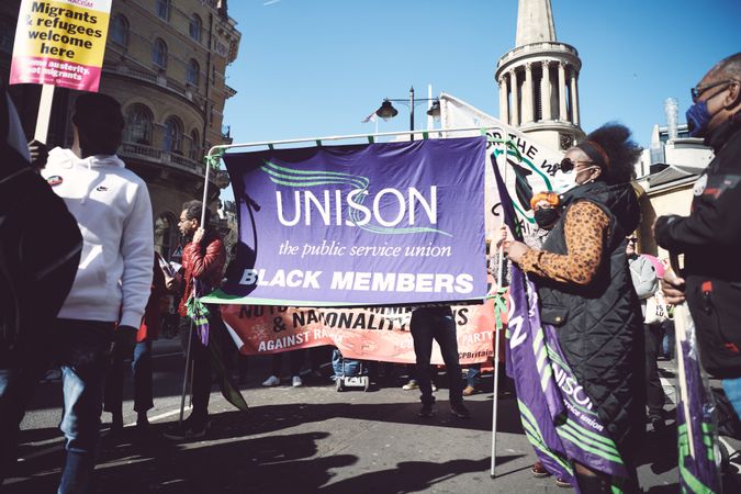 London, England, United Kingdom - March 19 2022: People with Unison banner at protest