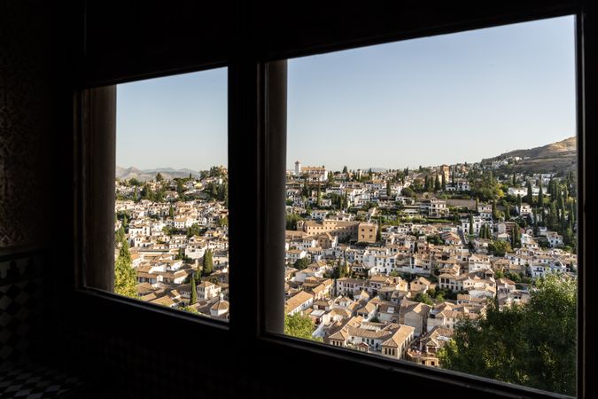 Albayzin district of Granada, Spain, from a window in the Alhambra palace
