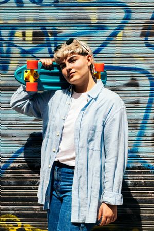 blonde woman with a skate portrait