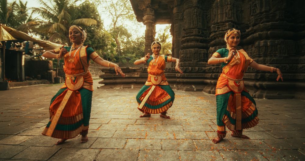 Dramatic Performance Done by Indian Women Practicing the Art of Bharatanatyam in an Ancient Temple.