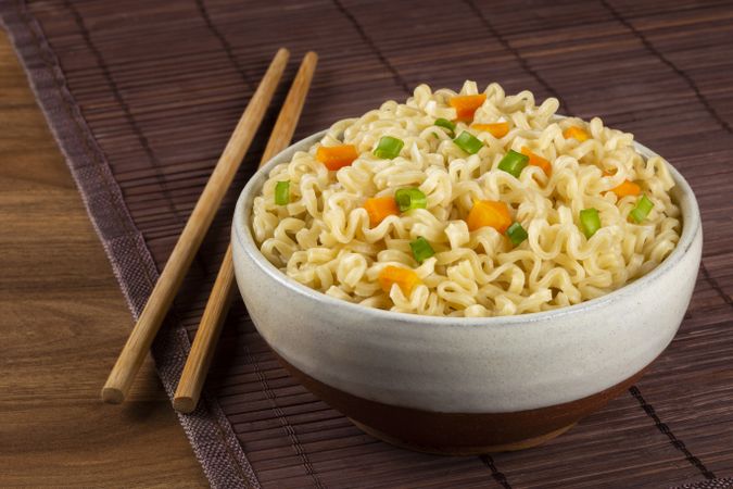 Bowl with instant noodles on the table.