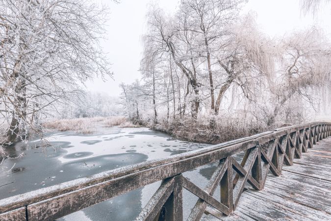 Pedestrian bridge over a frozen lake