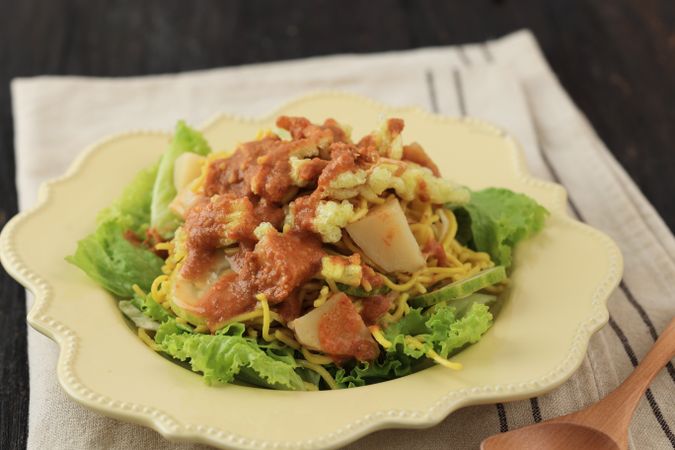 Rujak Juhi, Shredded Cuttlefish Topping Vegetable Salad from Jakarta, Indonesia.