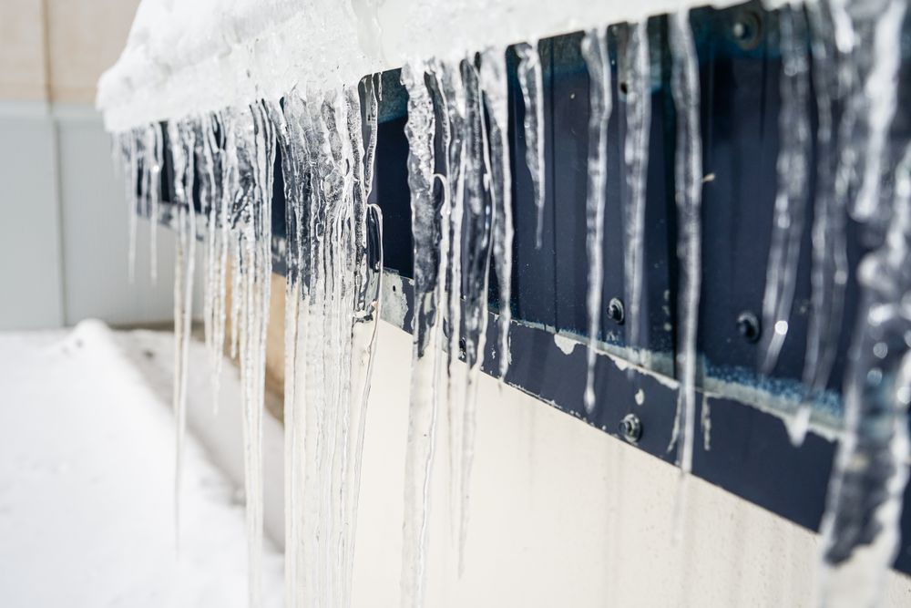Icicles on building in winter in Sierra Nevada