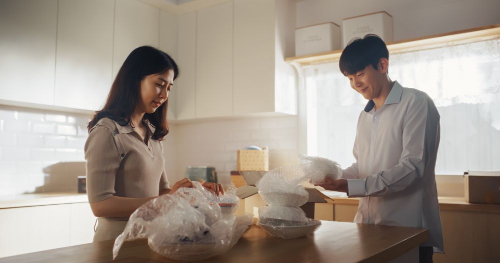 Happy Homeowners Moving In: Lovely Korean Couple in their New Cozy Apartment Unpacking Boxes and Unwrapping Kitchenware.