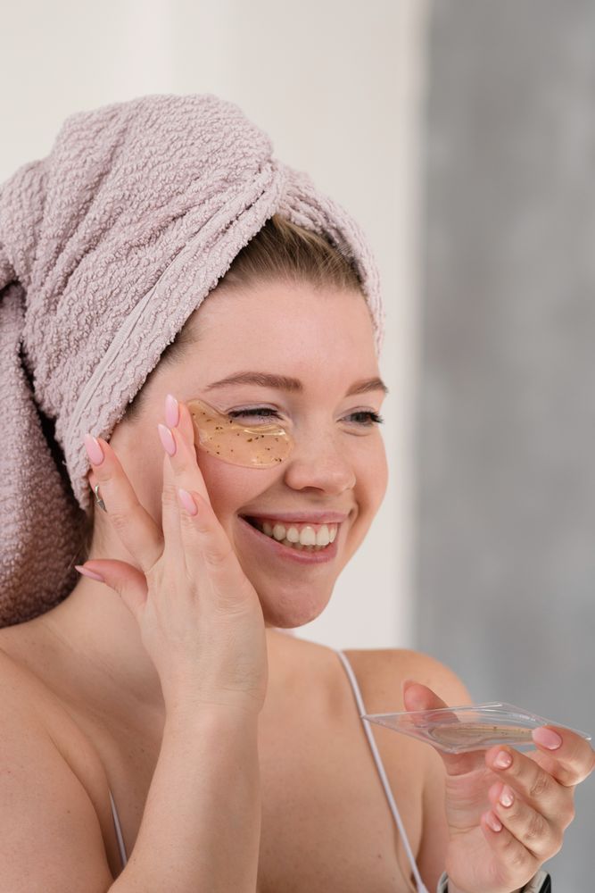 Applying eye patches in skincare routine.