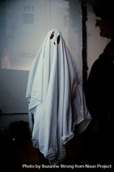 Halloween party with person in sheet ghost costume 567Rl4