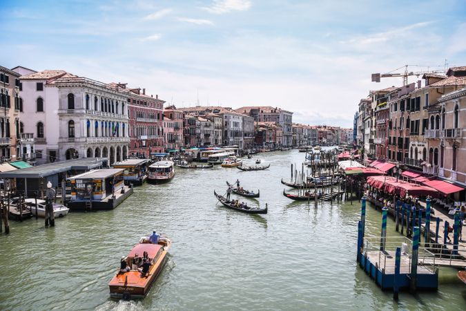 Gondolas in water canal in Metropolitan City of Venice, Italy