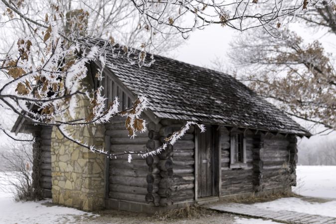Wooden hut on a wintry day