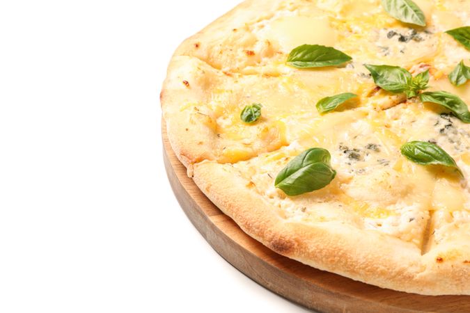 Wooden board with cheese pizza isolated on blank background