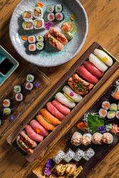 Yummy sushi set on table