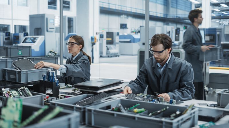 Male And Female Workers Taking Apart Old Laptops To Recycle Electronic Components For Printed Circuit Board Production At Electronics Factory.