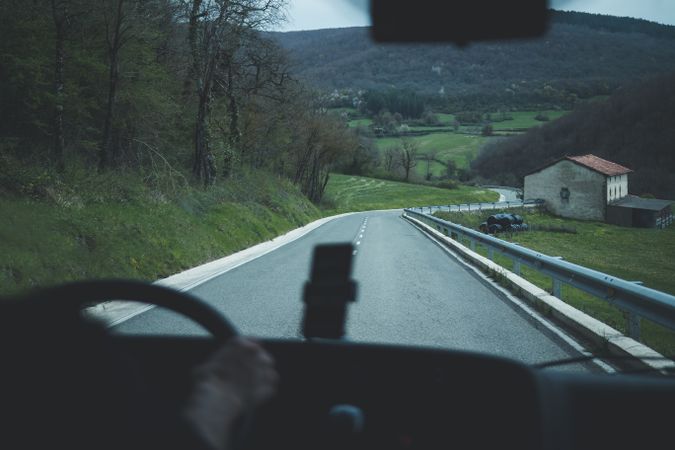 View of inside car empty road in countryside