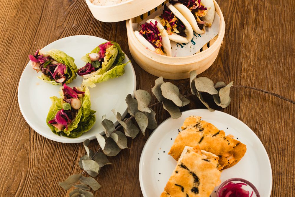 Plates on wooden plate