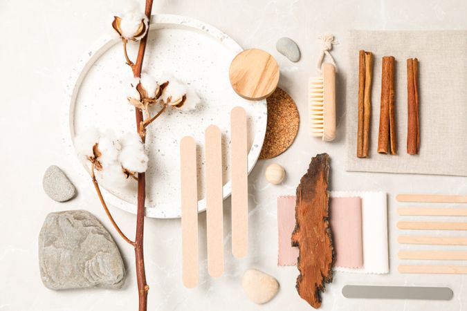 Flat lay of creative moodboard composition, top view