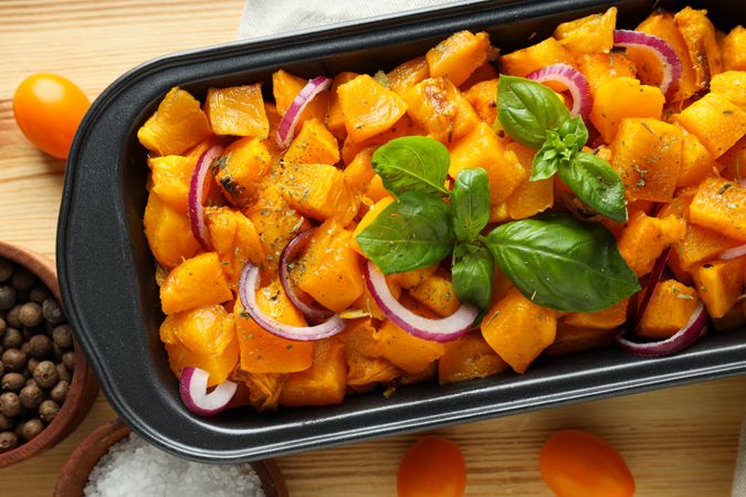 Concept of tasty homemade dish - baked pumpkin