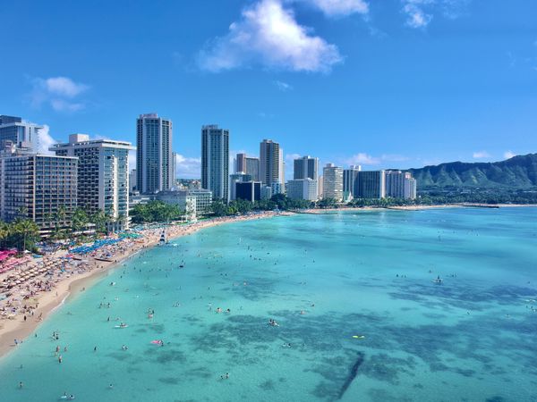 Cityscape of Honolulu across the coast in Hawaii, United States
